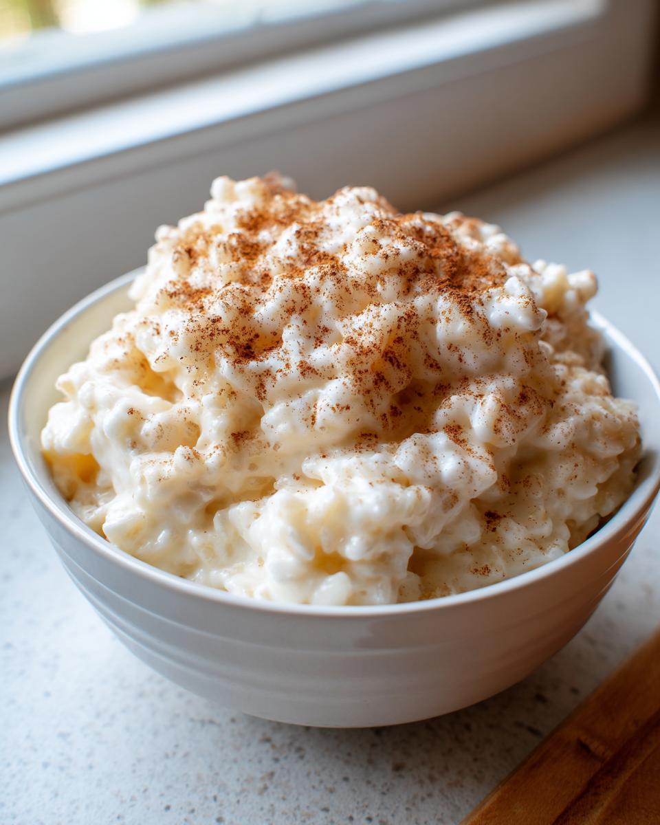 A close-up of a white bowl filled with creamy rice pudding, generously topped with ground cinnamon.