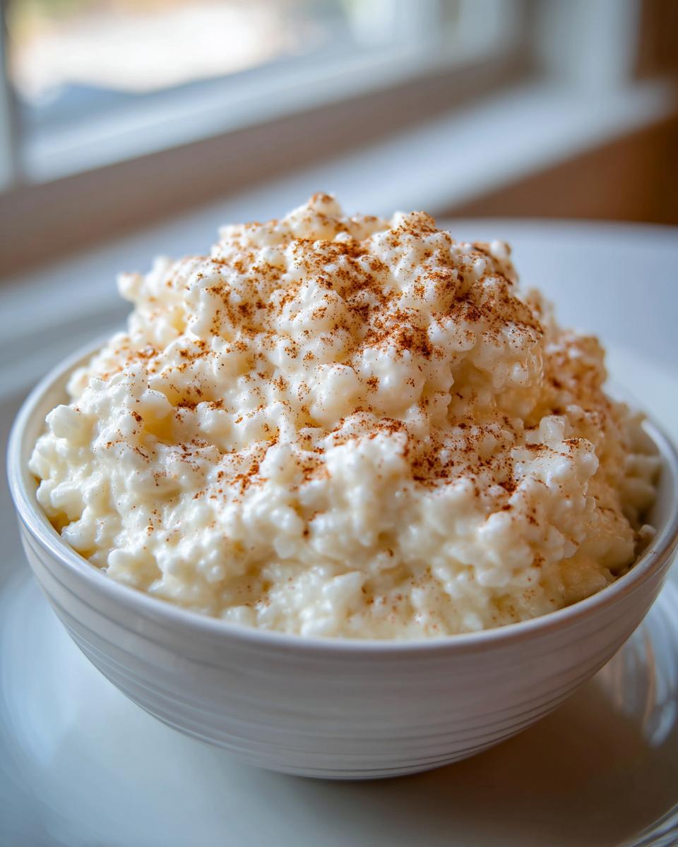 A close-up of a bowl filled with creamy rice pudding recipe, generously sprinkled with ground cinnamon.