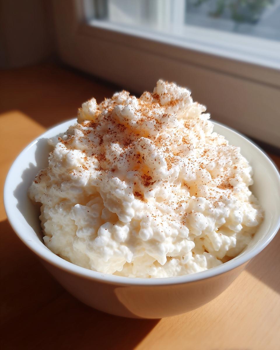 A white bowl filled with creamy rice pudding recipe, generously sprinkled with cinnamon.