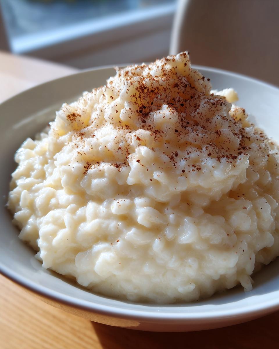 A close-up of creamy rice pudding recipe served in a bowl, generously sprinkled with ground cinnamon.