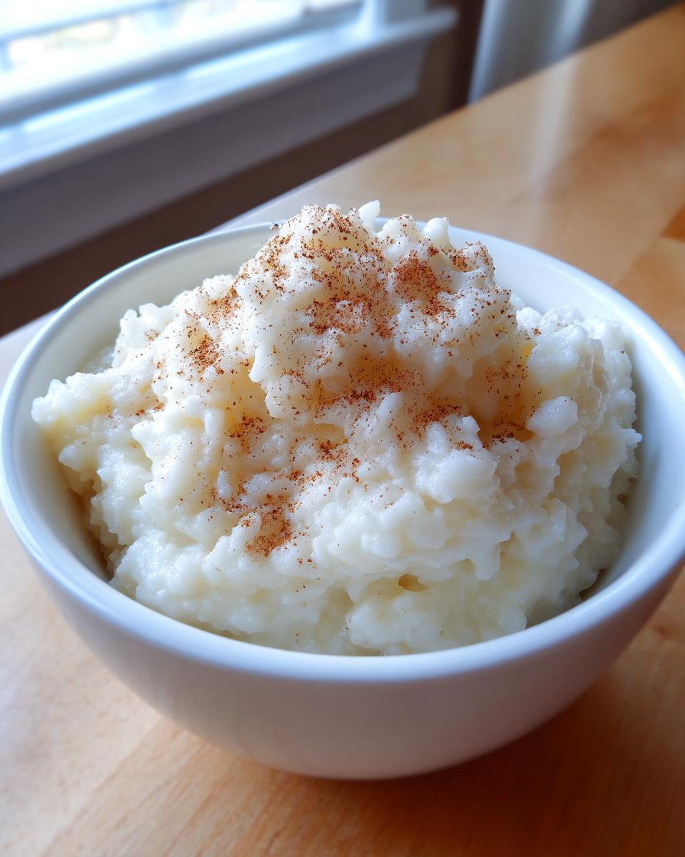 A white bowl filled with creamy rice pudding recipe, generously sprinkled with ground cinnamon.
