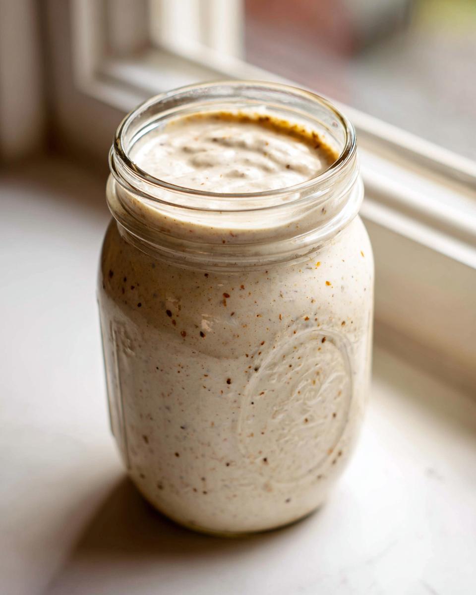 A creamy, speckled homemade salad dressing stored in a clear mason jar, ready for use.