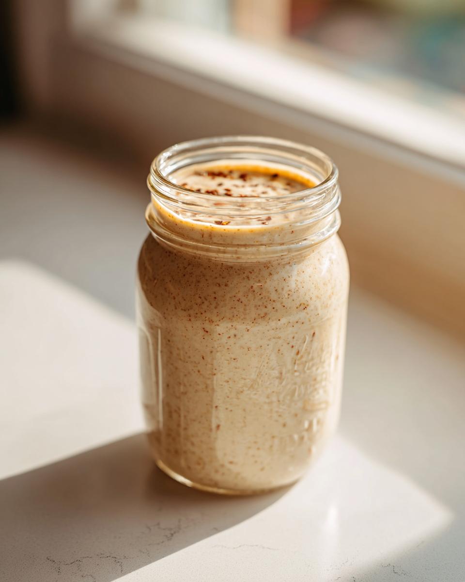 A creamy, light brown salad dressing recipe in a glass mason jar, sprinkled with spices.