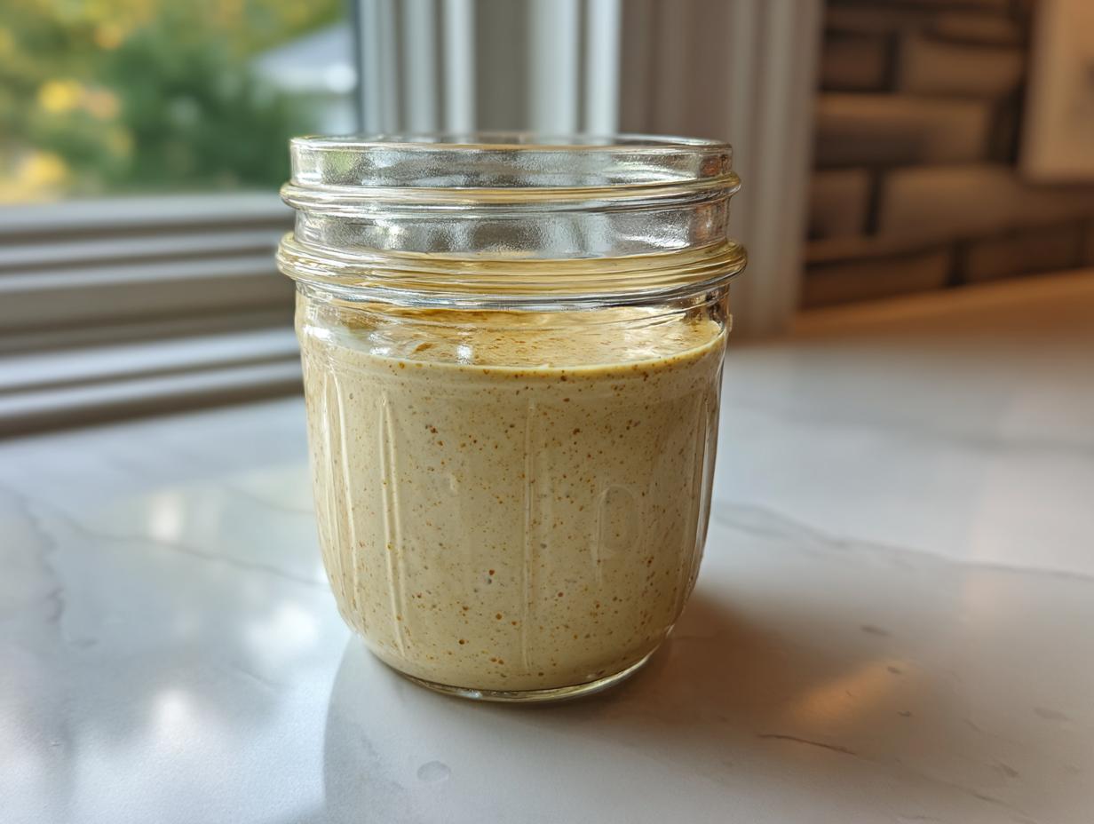 A creamy, light brown homemade salad dressing stored in a clear mason jar on a white marble counter.