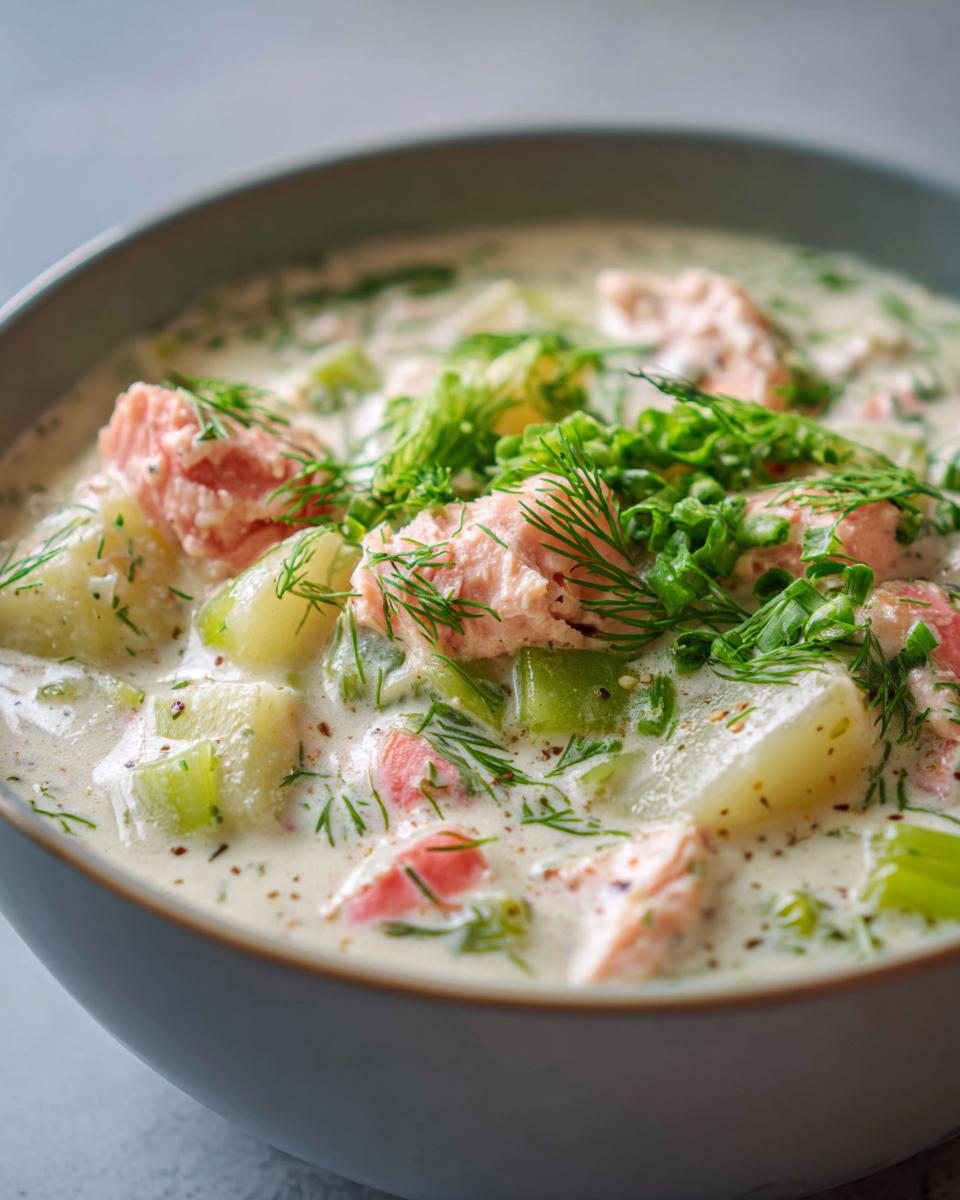 Close-up of creamy salmon soup featuring chunks of pink salmon, potatoes, celery, and fresh dill garnish.