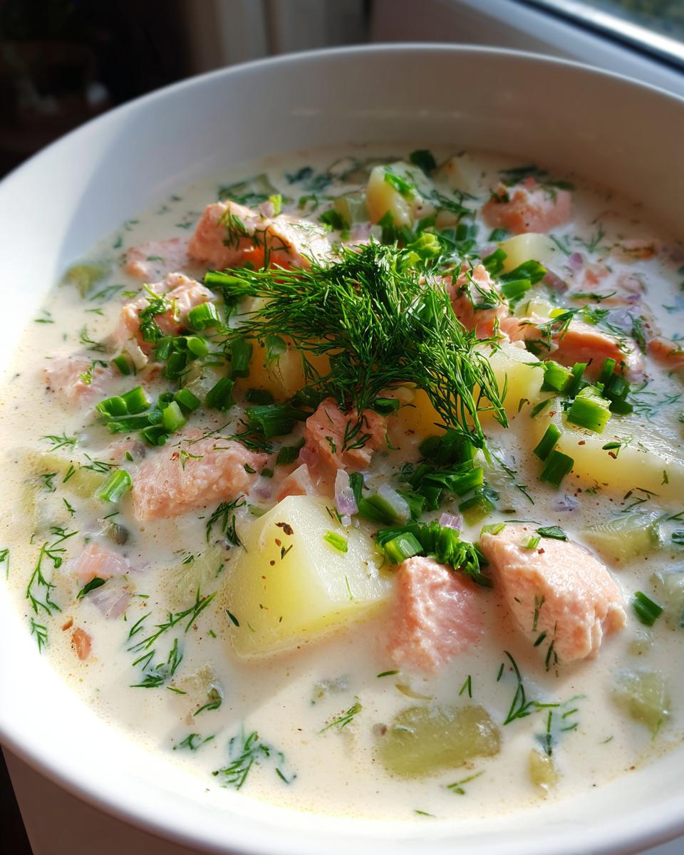 Close-up of a bowl of creamy salmon soup featuring chunks of pink salmon, potatoes, and fresh dill.