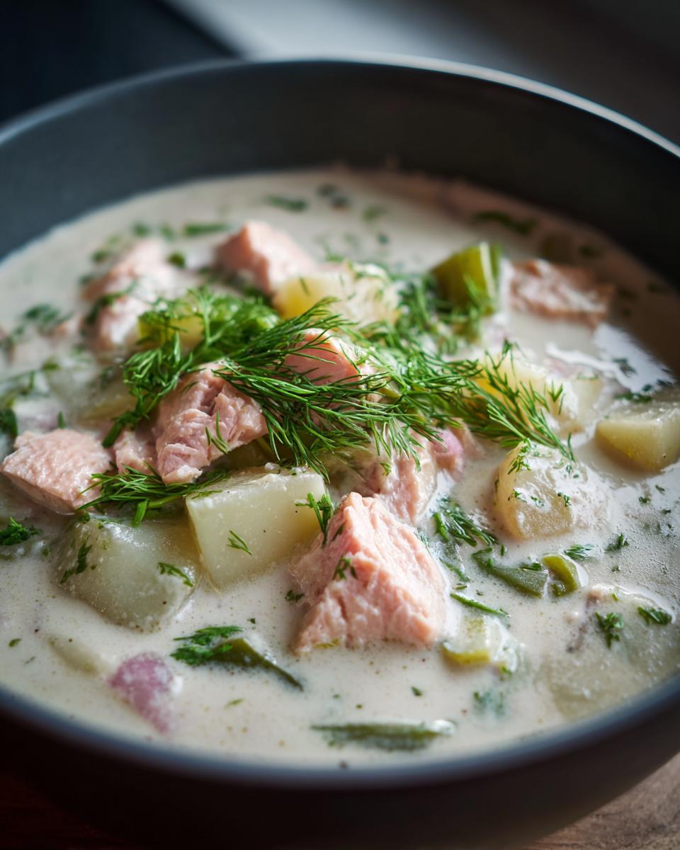 A close-up view of creamy salmon soup featuring chunks of pink salmon, potatoes, and fresh dill on top.