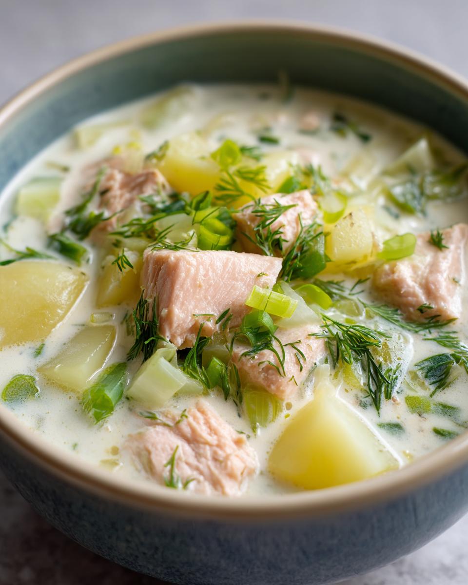 Close-up of a bowl of creamy salmon soup featuring chunks of pink salmon, yellow potatoes, and fresh dill garnish.
