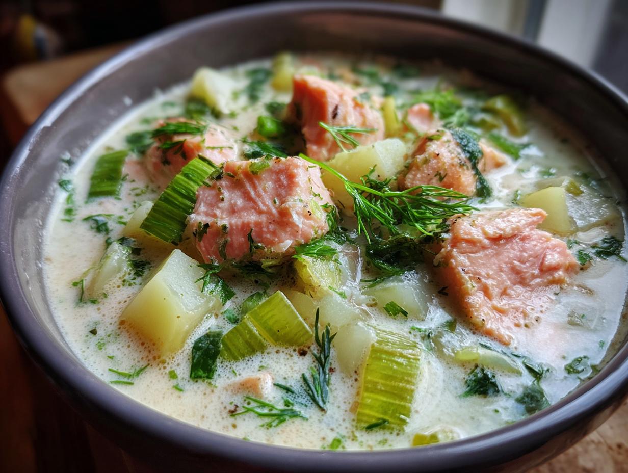 Close-up of a bowl of creamy salmon soup featuring chunks of pink salmon, potatoes, celery, and fresh dill.