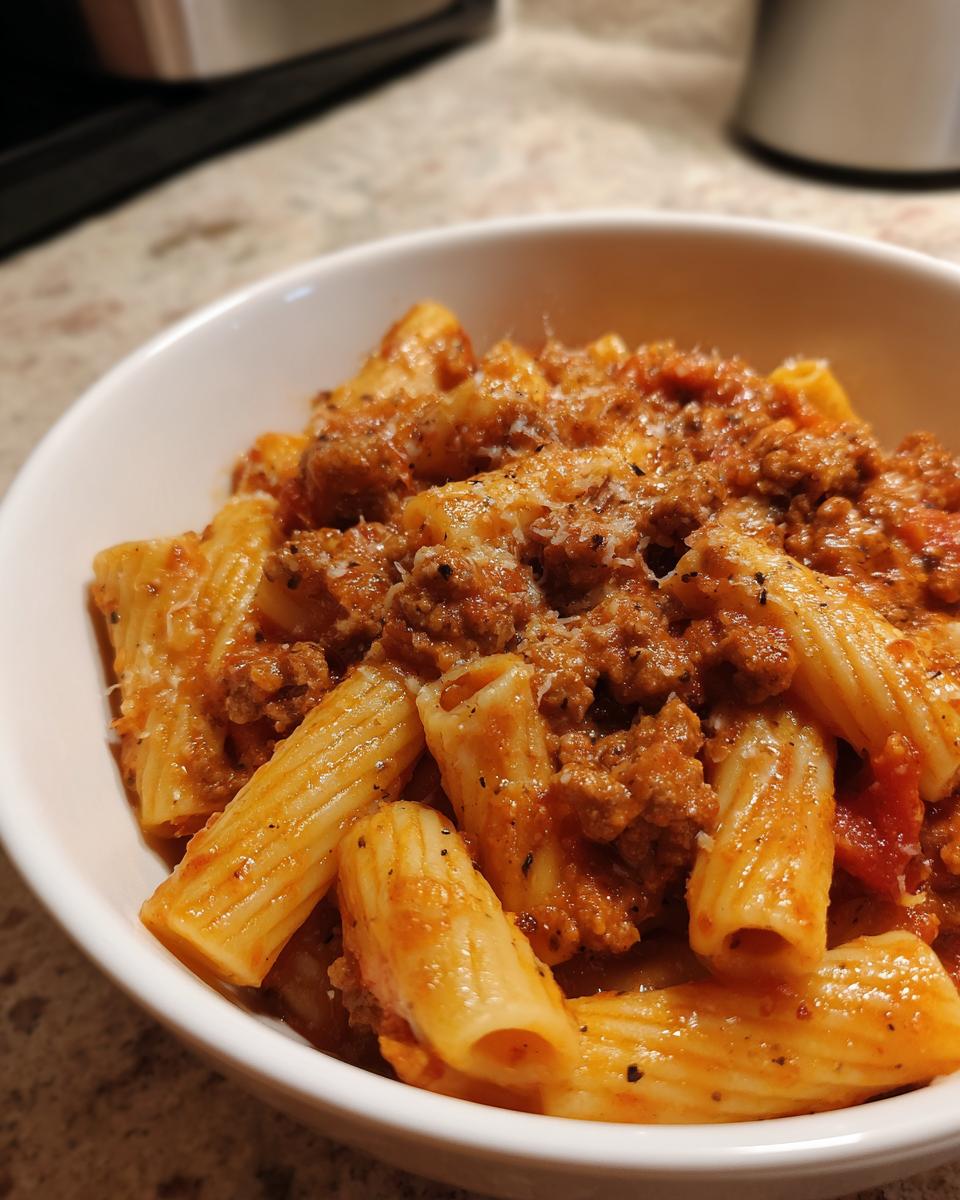 Close-up of creamy sausage pasta made with rigatoni and topped with grated cheese in a white bowl.