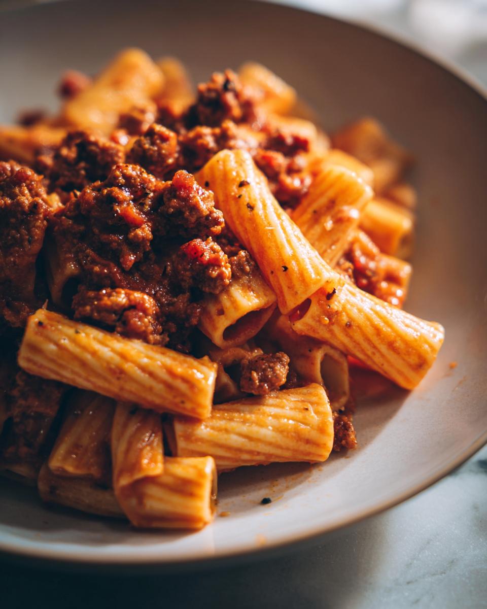 Close-up of a bowl of creamy sausage pasta featuring rigatoni tubes coated in a rich, meaty sauce.
