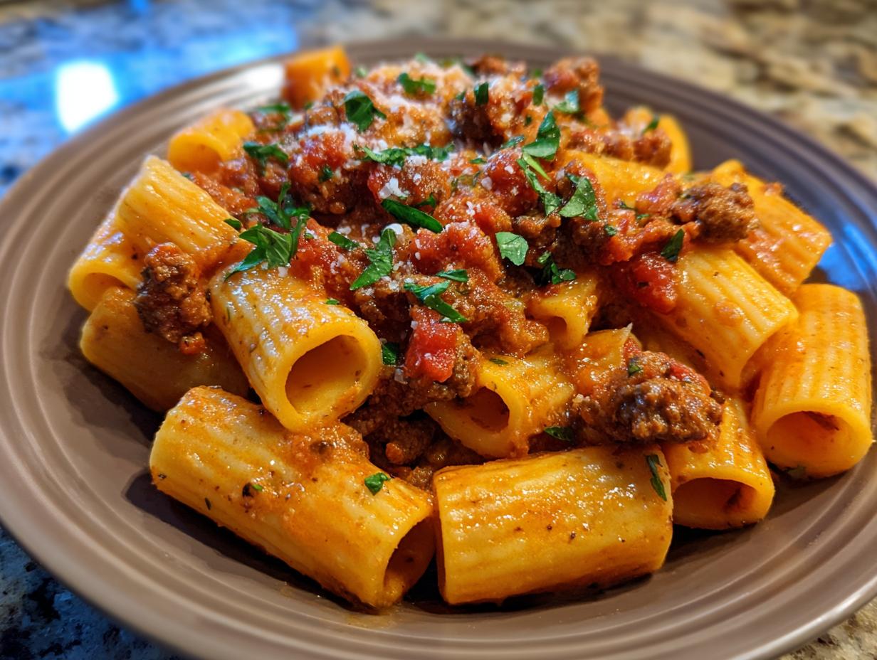 Close-up of creamy sausage pasta featuring rigatoni tubes coated in a rich tomato sauce, topped with Parmesan and parsley.