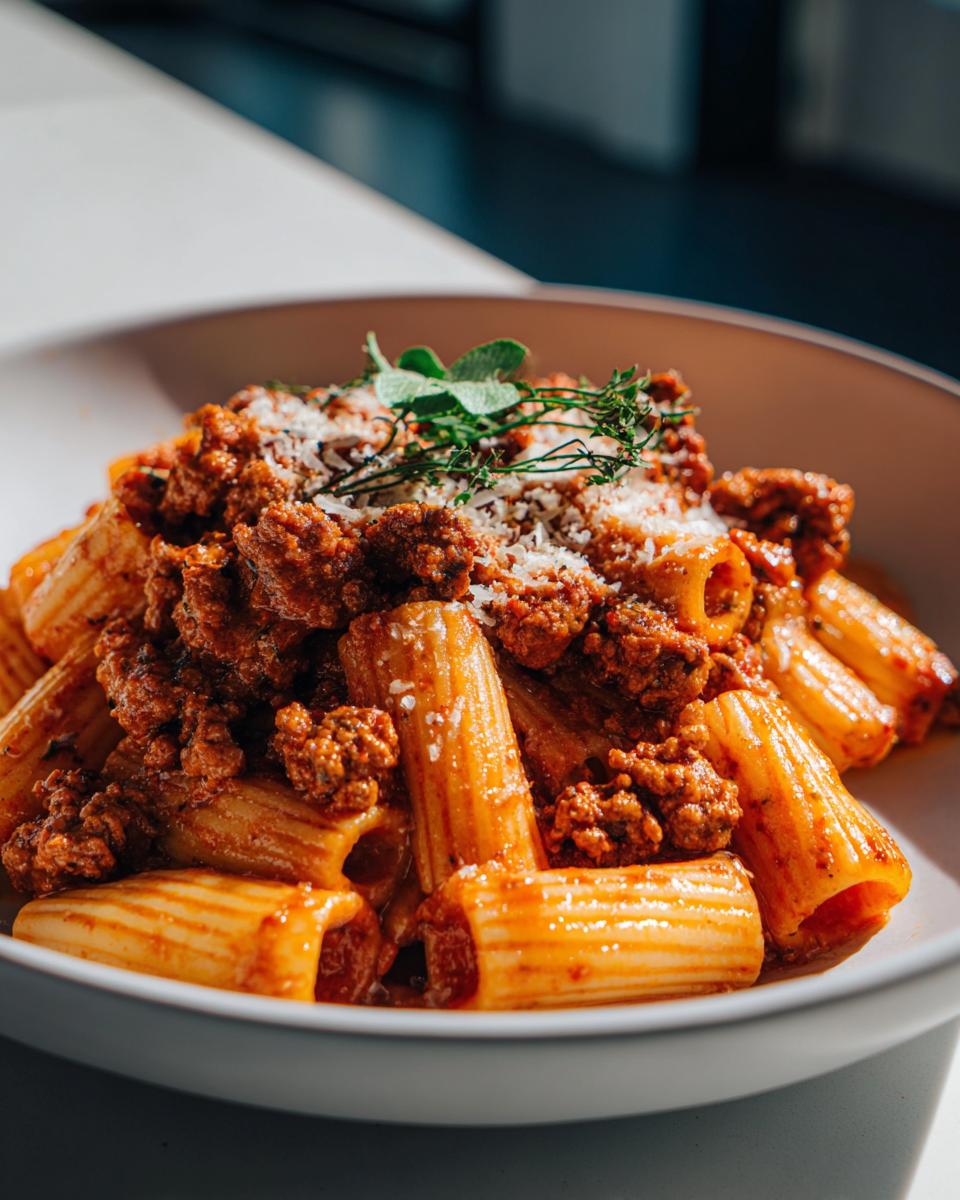 Close-up of a bowl of creamy sausage pasta made with rigatoni, topped with grated parmesan and fresh herbs.