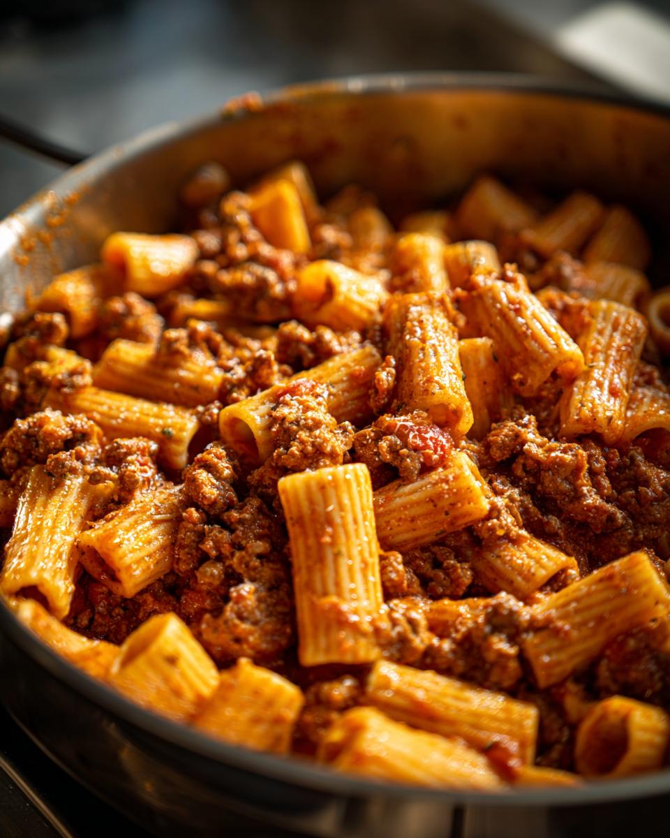 Close-up of creamy sausage pasta with rigatoni tubes coated in rich meat sauce in a skillet.
