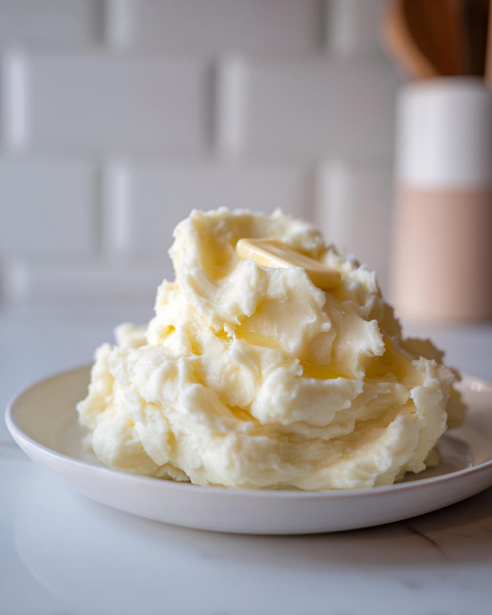 A generous serving of creamy slow cooker mashed potatoes topped with a melting pat of butter on a white plate.