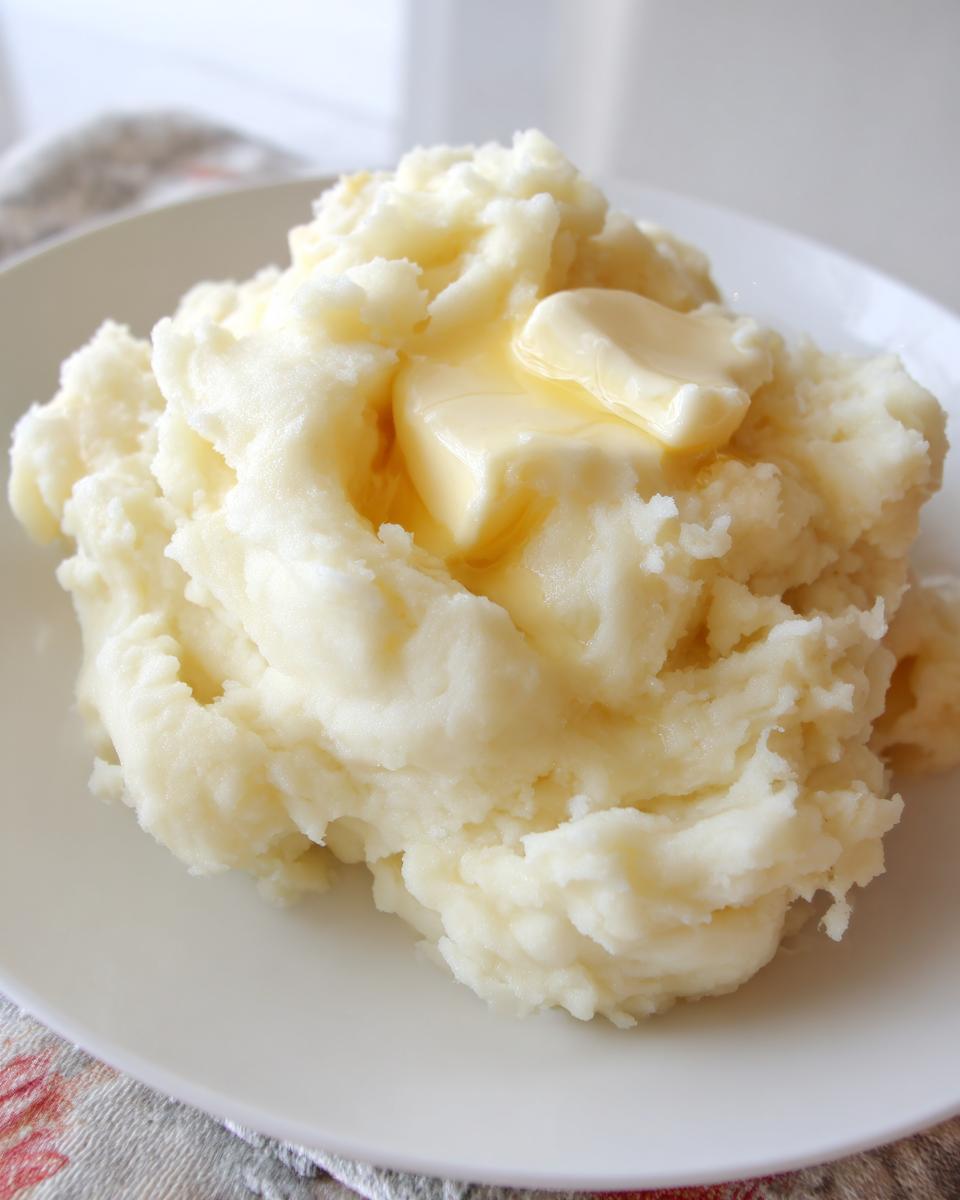 Close-up of creamy slow cooker mashed potatoes topped with melting pats of butter on a white plate.