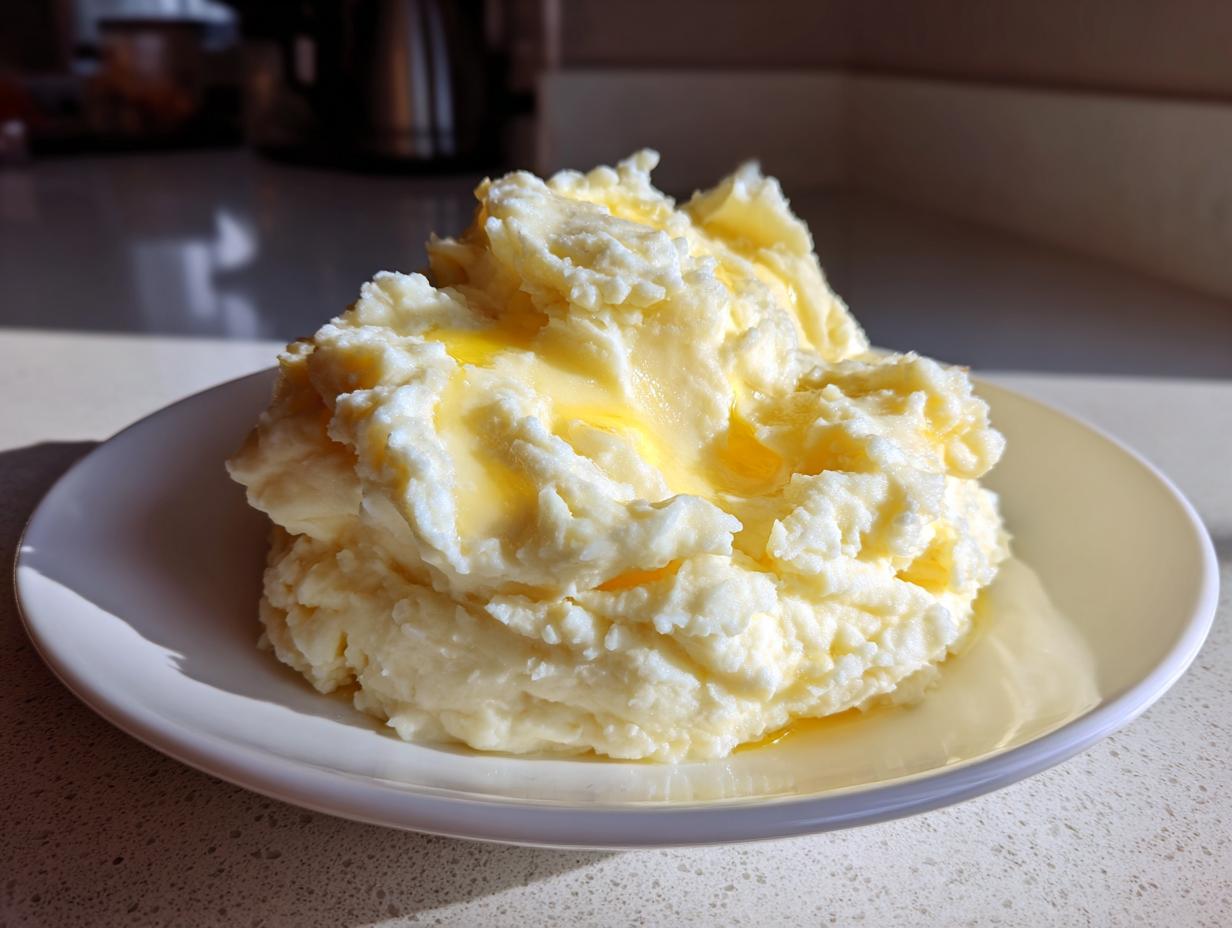 A generous serving of fluffy slow cooker mashed potatoes topped with pools of melted butter on a white plate.
