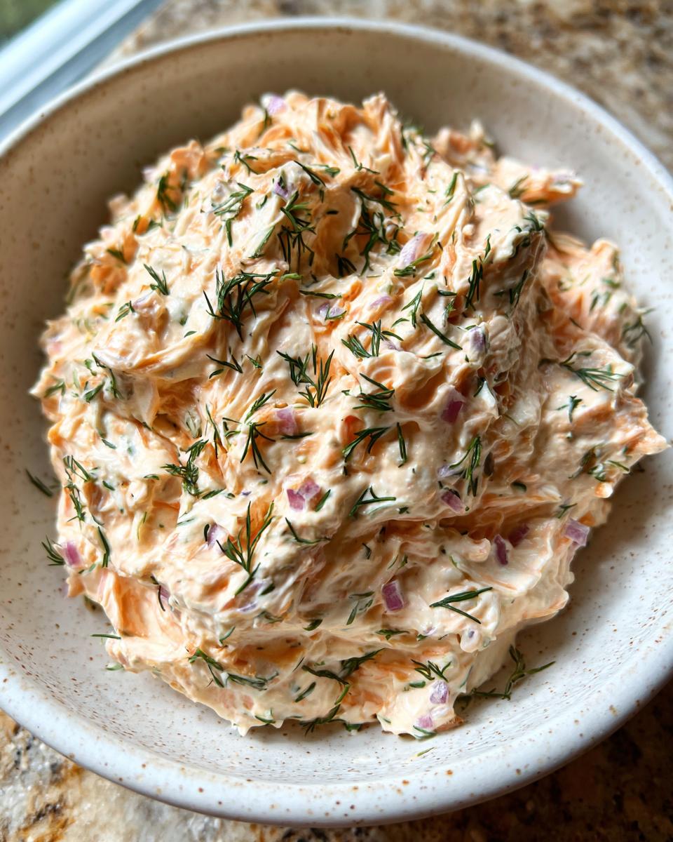 Close-up of a bowl filled with creamy smoked salmon dip, garnished generously with fresh dill and diced red onion.