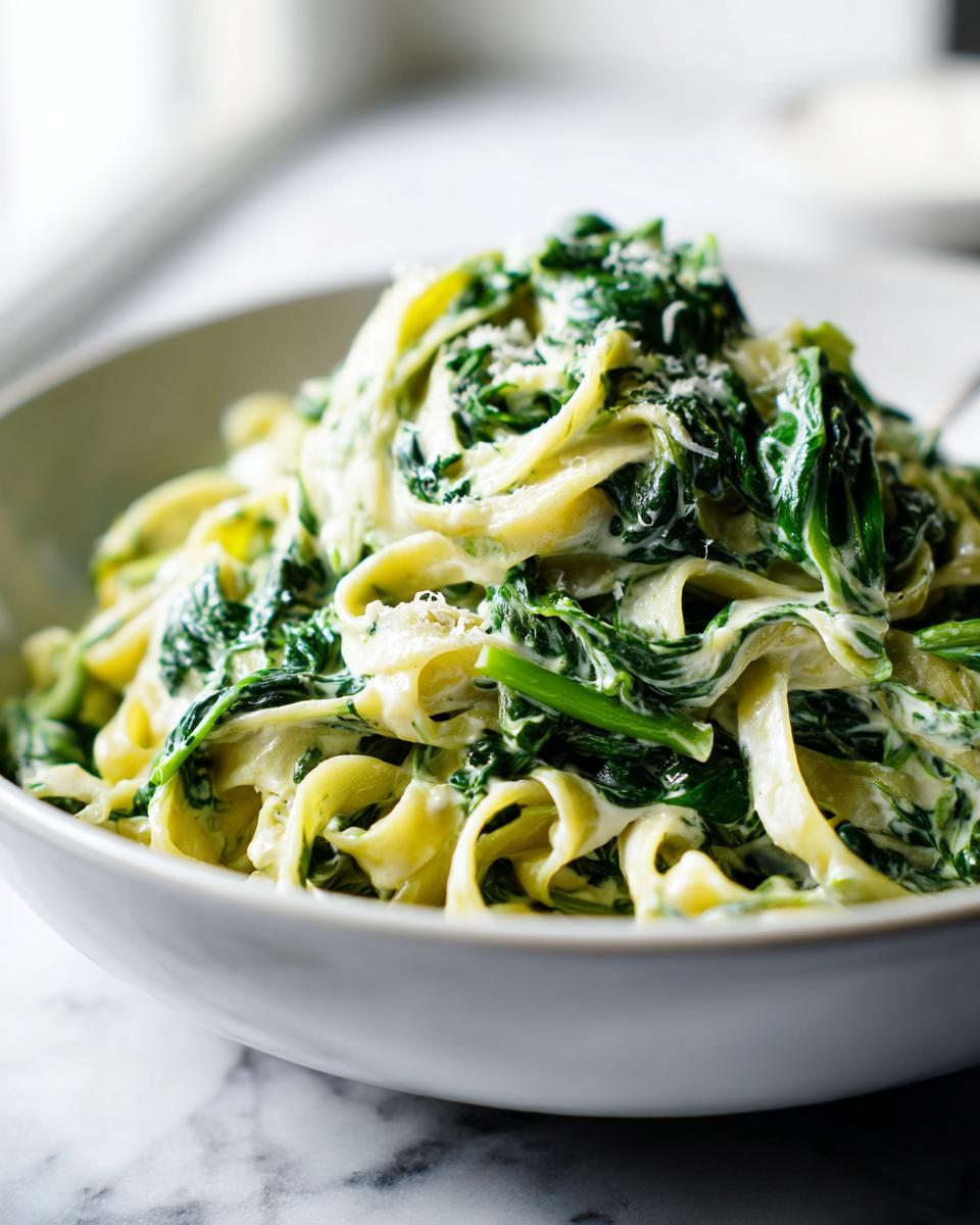 Close-up of creamy spinach pasta featuring wide noodles coated in a rich sauce and wilted spinach, topped with Parmesan.