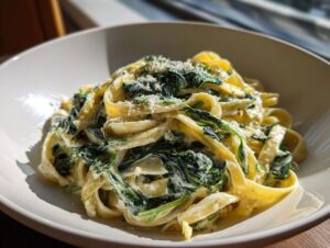 Close-up of creamy spinach pasta (fettuccine) tossed in a rich white sauce and topped with grated cheese.