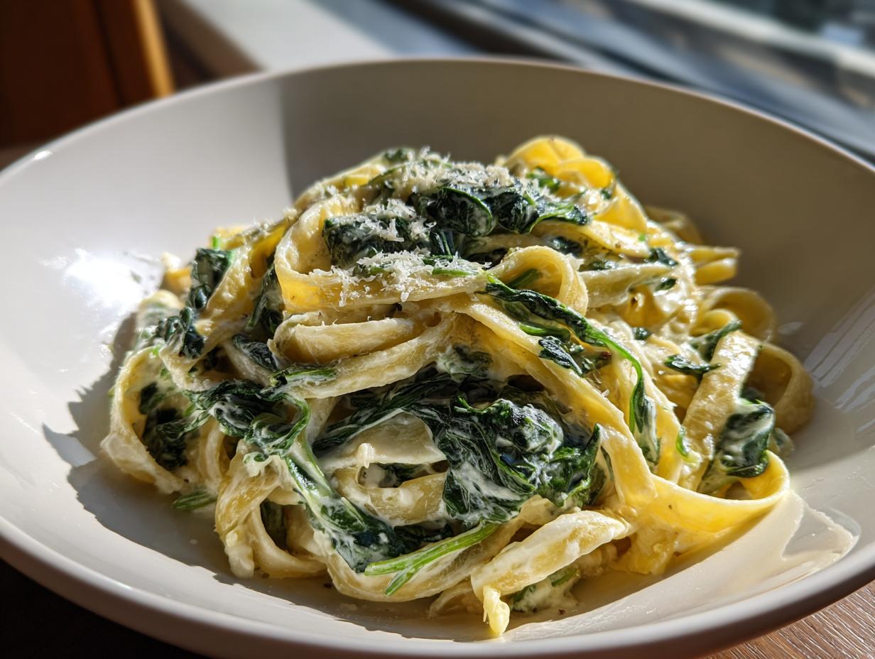 Close-up of creamy spinach pasta (fettuccine) tossed in a rich white sauce and topped with grated cheese.
