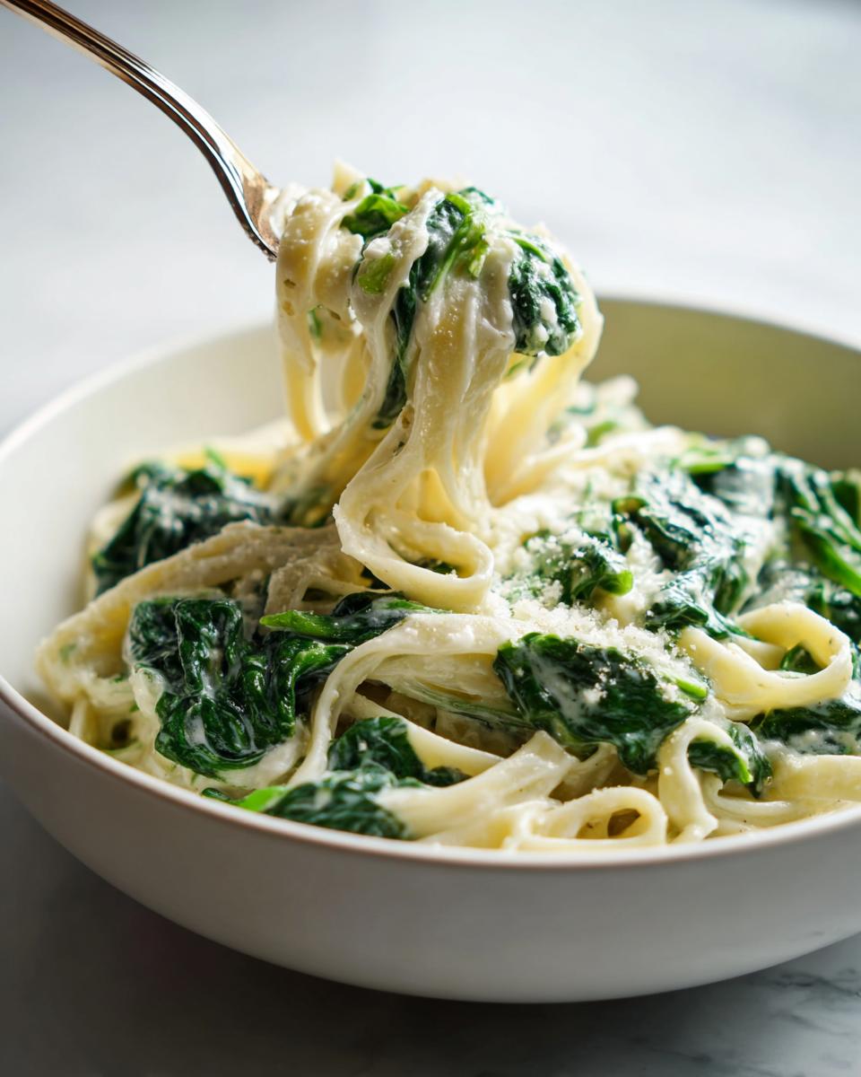 A fork lifting creamy fettuccine mixed with wilted spinach in a bowl of spinach pasta.