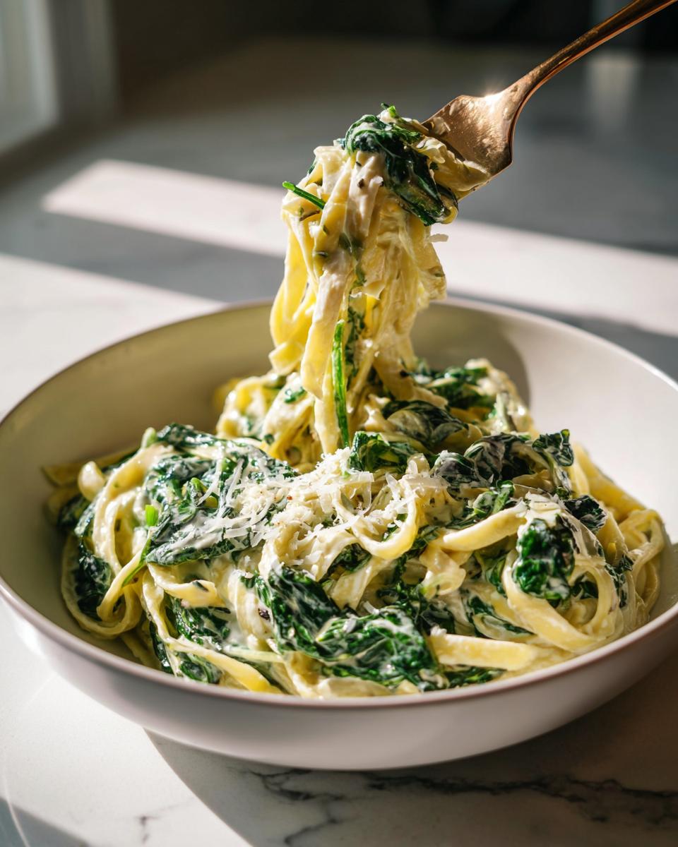 A fork lifting a twirl of creamy spinach pasta from a white bowl, topped with grated cheese.