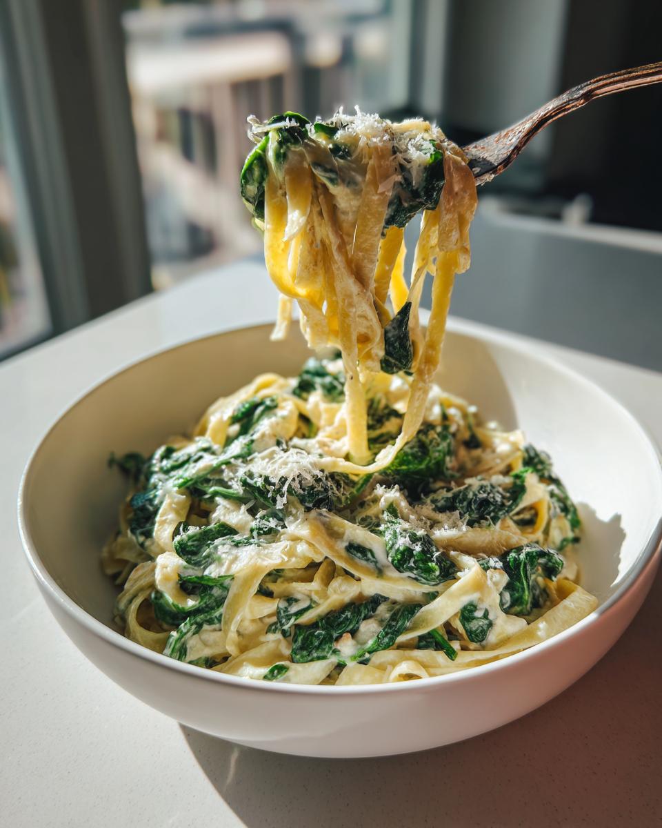 A fork lifts creamy fettuccine noodles mixed with dark green spinach, showcasing the rich sauce of the spinach pasta.