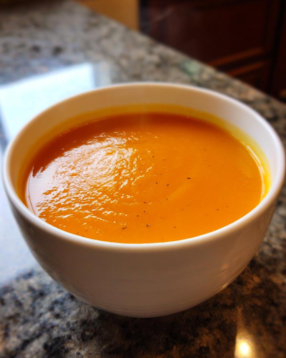 Close-up of a rich, creamy orange squash soup served in a white bowl on a granite countertop.