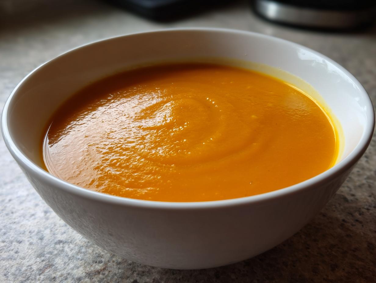 Close-up of a bowl filled with rich, vibrant orange squash soup, showing a smooth texture.
