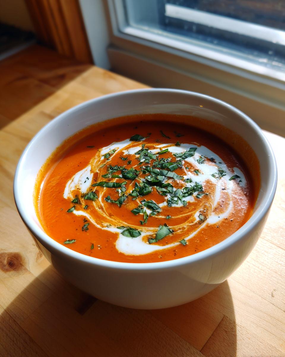 A close-up of a bowl of rich tomato basil soup, topped with a cream swirl and fresh chopped basil.