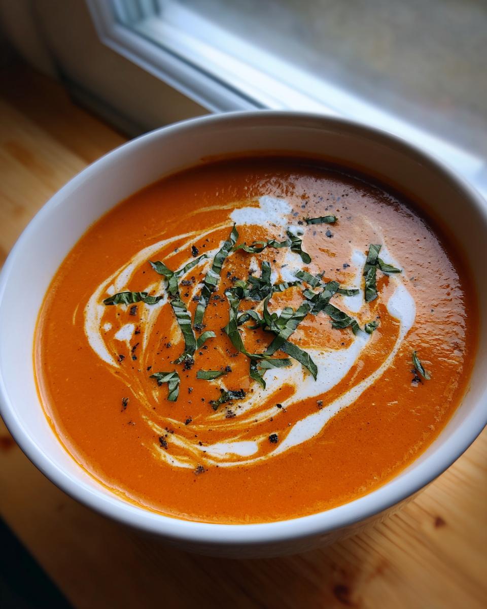 Close-up of a bowl of rich orange tomato basil soup, swirled with cream and topped with fresh basil.