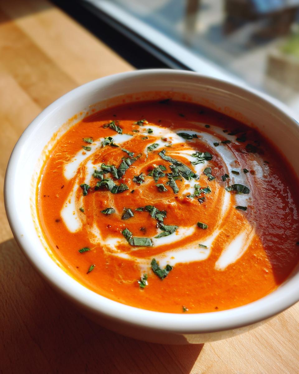 Close-up of a bowl of vibrant orange tomato basil soup, swirled with cream and topped with fresh basil.
