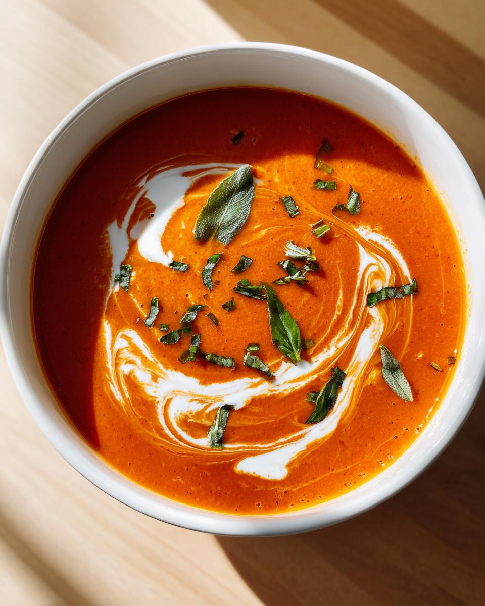 Overhead view of creamy tomato basil soup swirled with cream and topped with fresh basil.