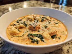 Close-up of a rich, creamy tortellini soup featuring cheese tortellini, spinach, sausage pieces, and grated Parmesan cheese.