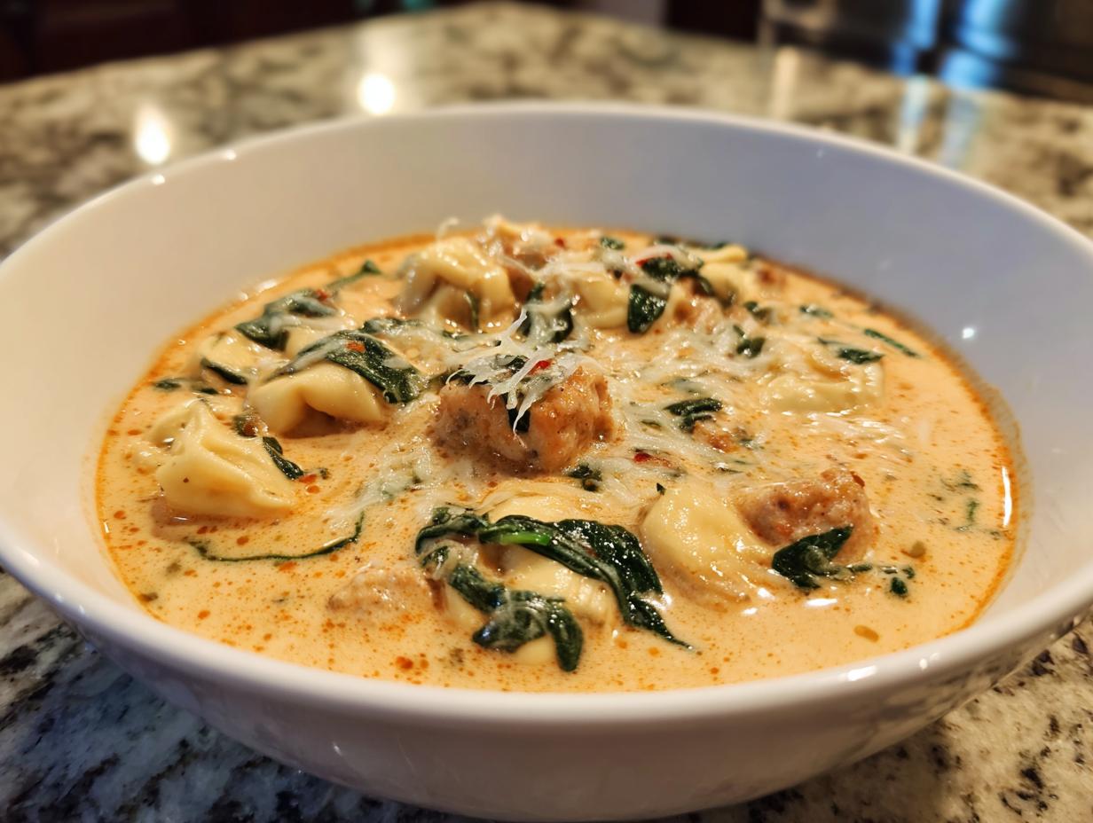 Close-up of a rich, creamy tortellini soup featuring cheese tortellini, spinach, sausage pieces, and grated Parmesan cheese.