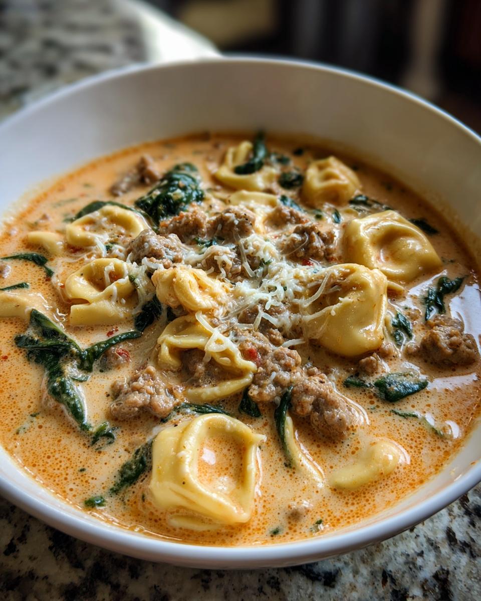 A close-up of a bowl of creamy tortellini soup featuring pasta, ground sausage, spinach, and grated Parmesan cheese.