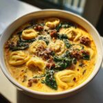 A close-up view of a hearty bowl of creamy tortellini soup filled with cheese tortellini, spinach, and sausage crumbles.