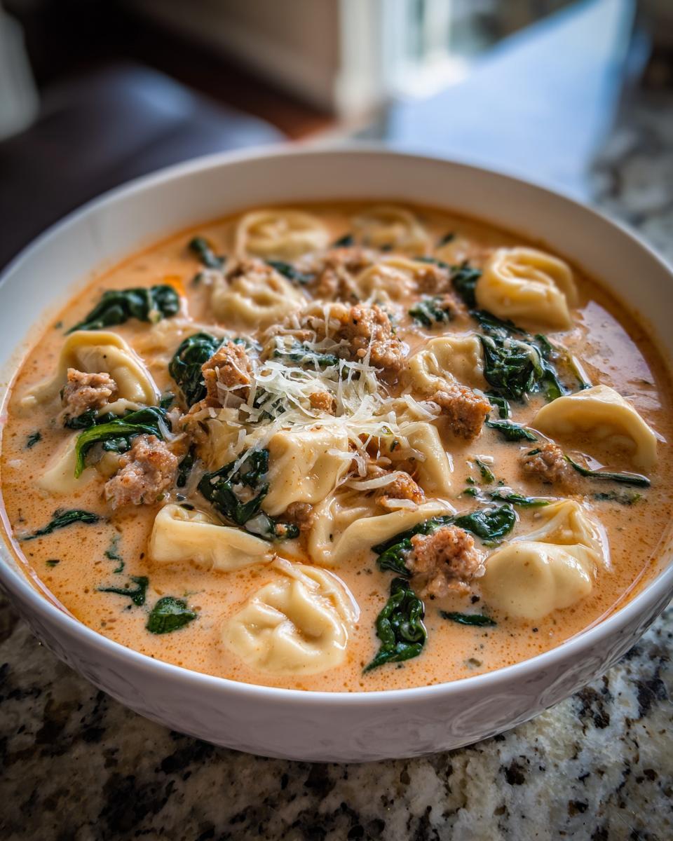A close-up of a white bowl filled with creamy tortellini soup, featuring sausage, spinach, and grated Parmesan cheese.