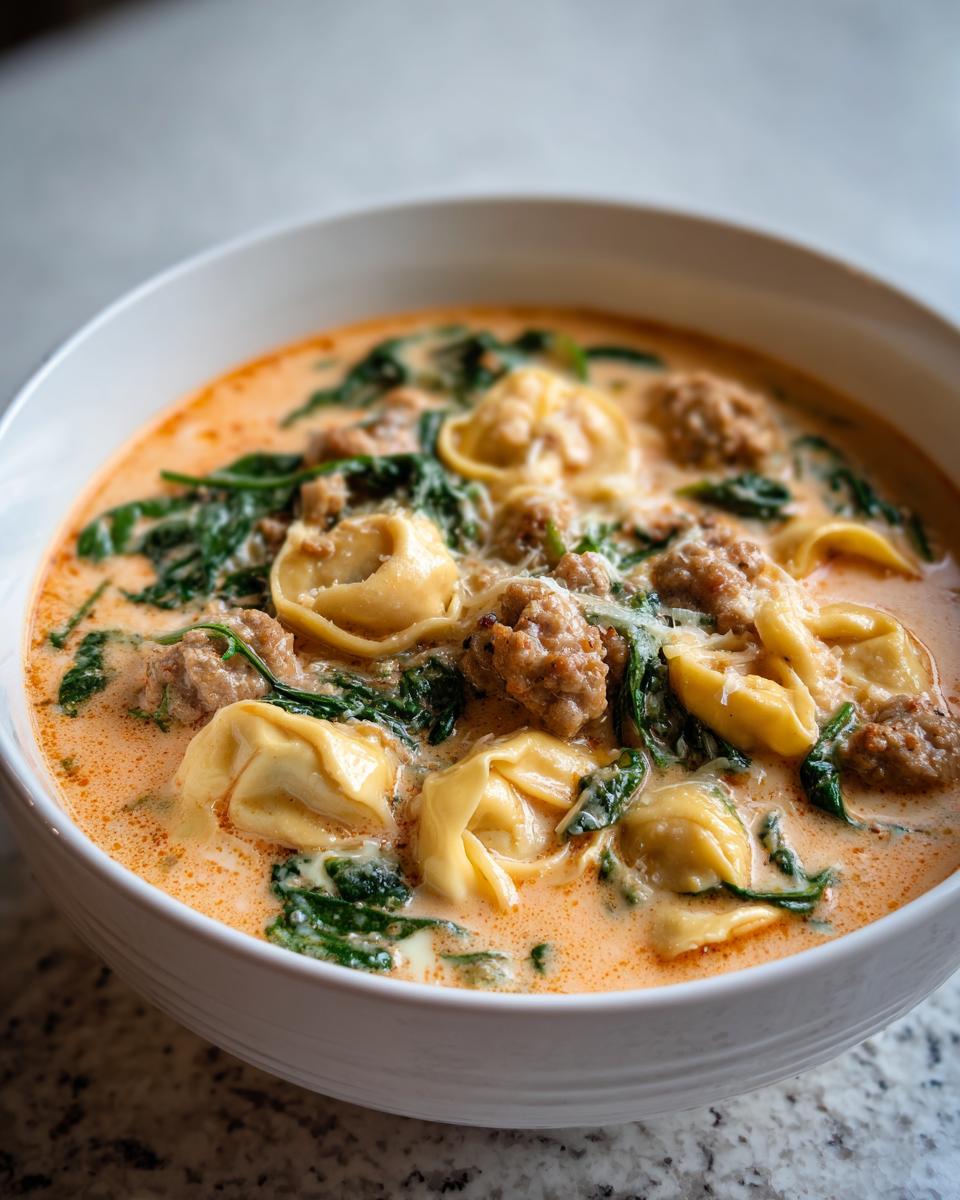Close-up of a bowl of creamy tortellini soup featuring cheese tortellini, crumbled sausage, and wilted spinach.