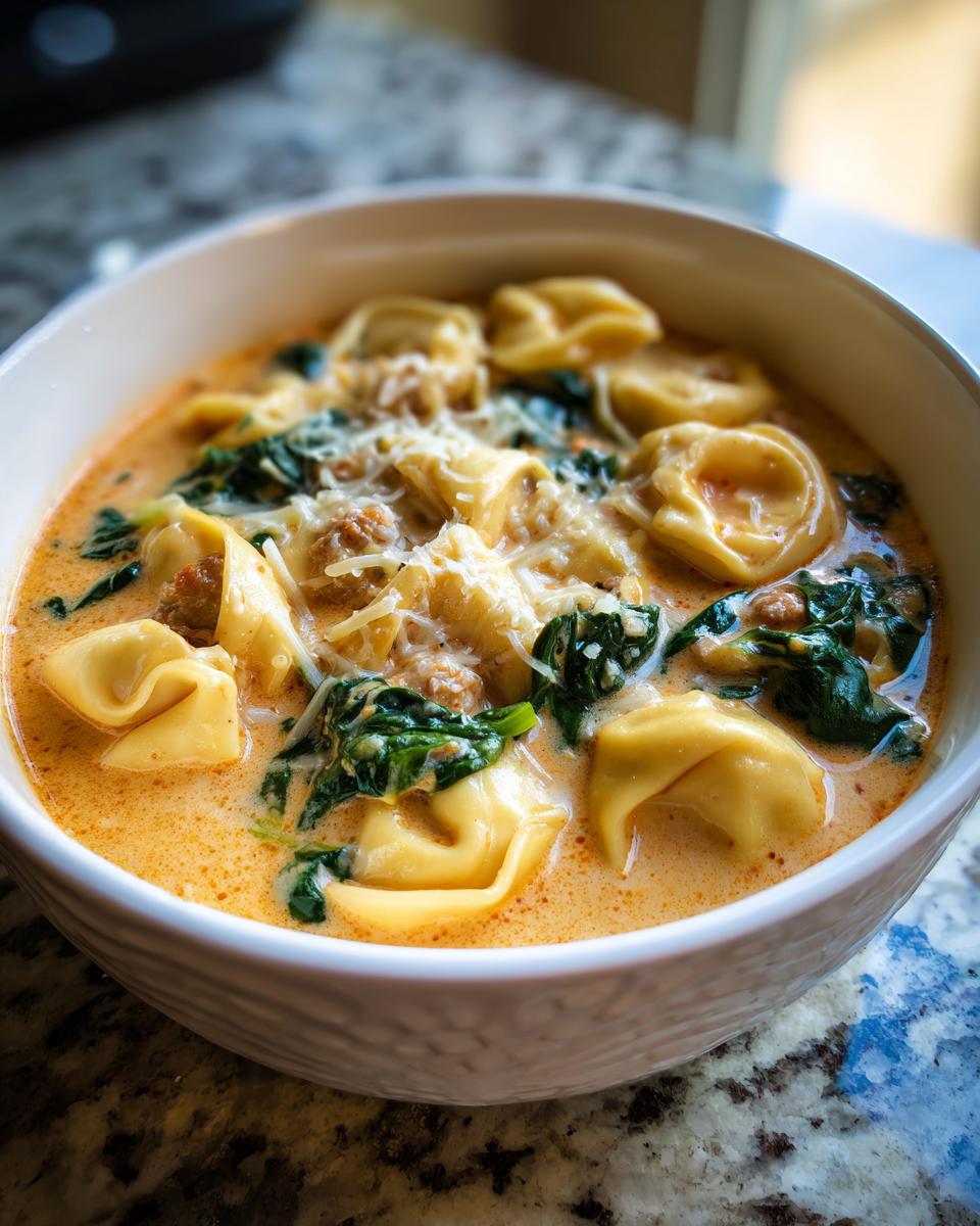 Close-up of a bowl of creamy tortellini soup featuring cheese tortellini, wilted spinach, and grated Parmesan.