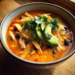 Close-up of a bowl of creamy tortilla soup, featuring shredded chicken, black beans, corn, tortilla strips, and avocado slices.