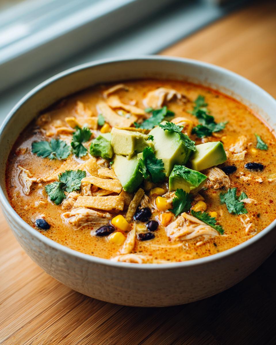 Close-up of a creamy tortilla soup bowl topped with diced avocado, black beans, corn, and fresh cilantro.