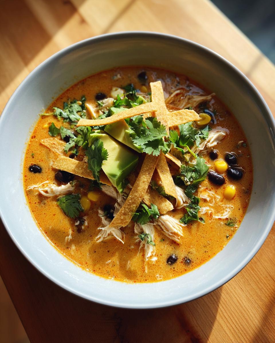 A close-up of creamy tortilla soup in a blue bowl, topped with shredded chicken, black beans, avocado, and crispy tortilla strips.