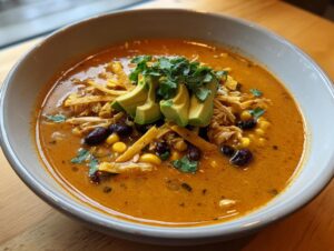 A close-up of a bowl of creamy tortilla soup topped with shredded chicken, black beans, corn, avocado slices, and tortilla strips.