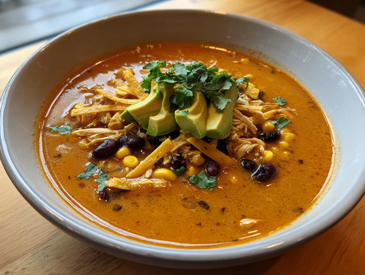 A close-up of a bowl of creamy tortilla soup topped with shredded chicken, black beans, corn, avocado slices, and tortilla strips.
