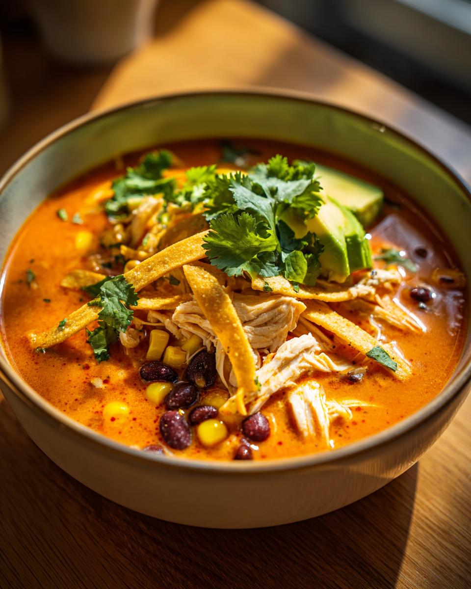 Close-up of a bowl of creamy tortilla soup filled with shredded chicken, black beans, corn, and topped with tortilla strips.