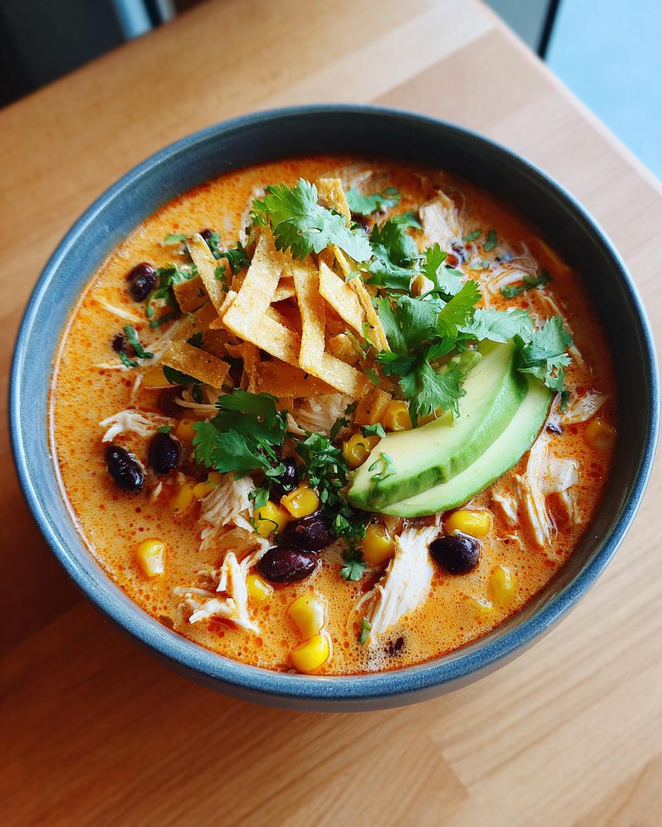 A vibrant bowl of creamy tortilla soup featuring shredded chicken, black beans, corn, and topped with tortilla strips, avocado, and fresh cilantro.