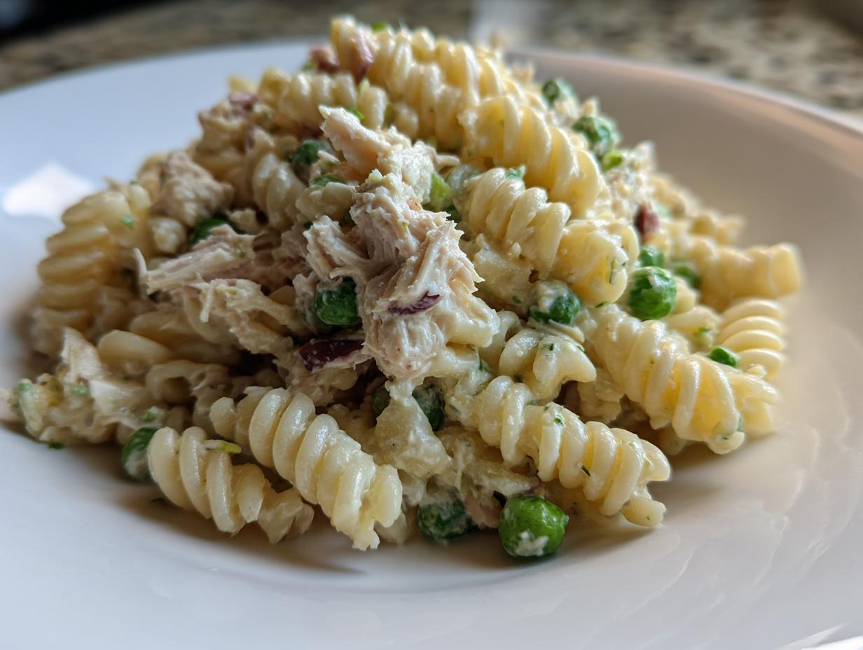 A close-up of a serving of creamy tuna pasta salad made with fusilli pasta, tuna flakes, and green peas.