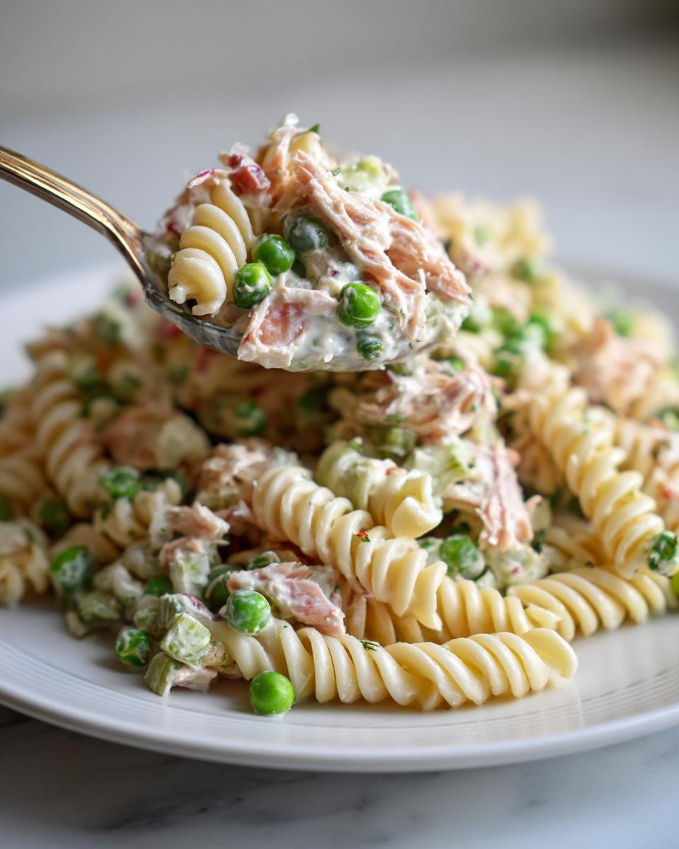 A spoonful of creamy Tuna Pasta Salad featuring rotini pasta, peas, and flaked tuna being lifted from a white plate.